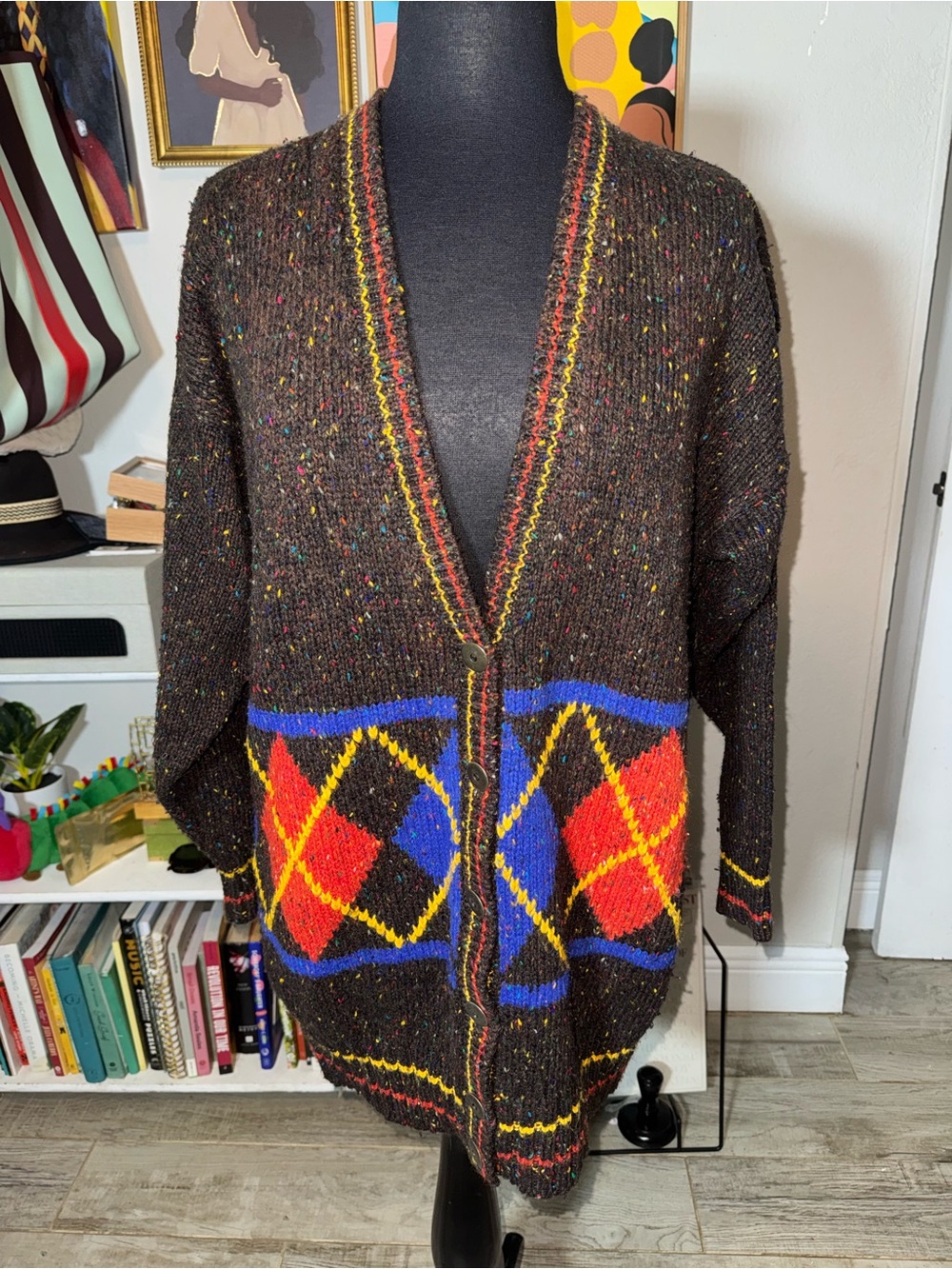 Cozy Brown Knit Cardigan with Colorful Argyle Panels